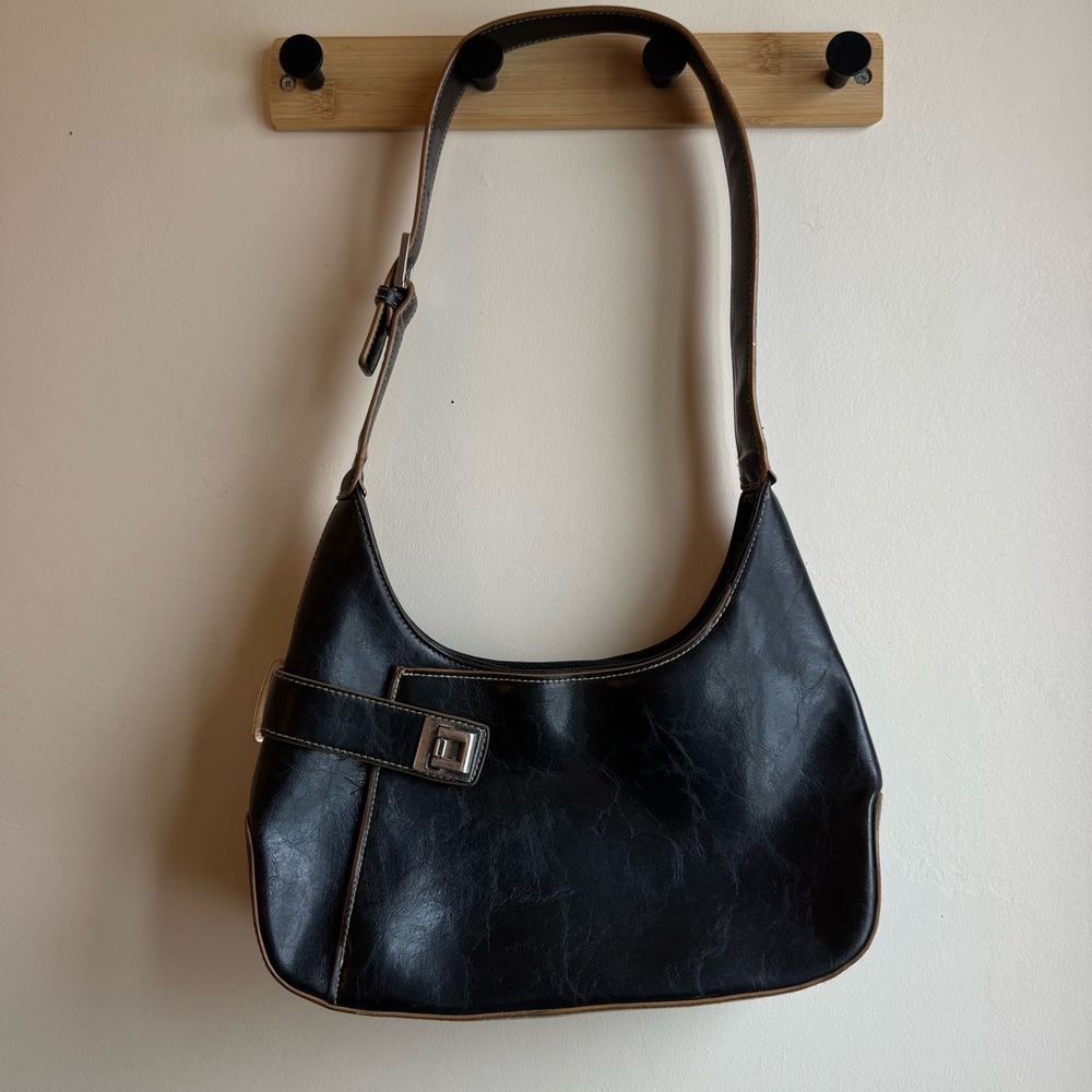 Vintage Style Black Pleather Shoulder Bag